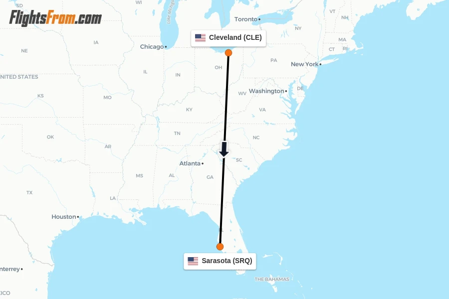 Flights from Cleveland to Sarasota route map