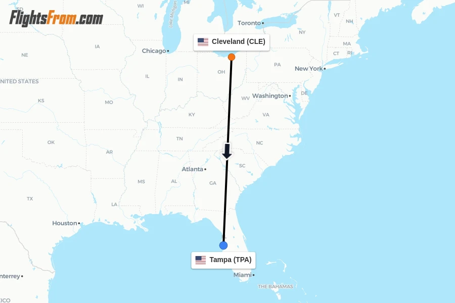 Flights from Cleveland to Tampa route map