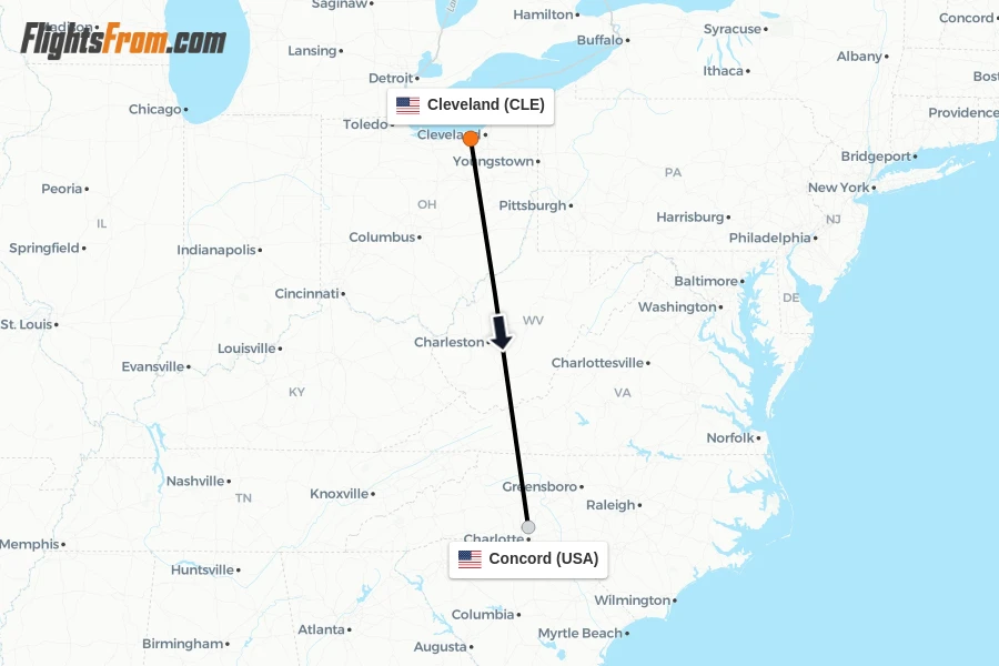 Flights from Cleveland to Concord route map