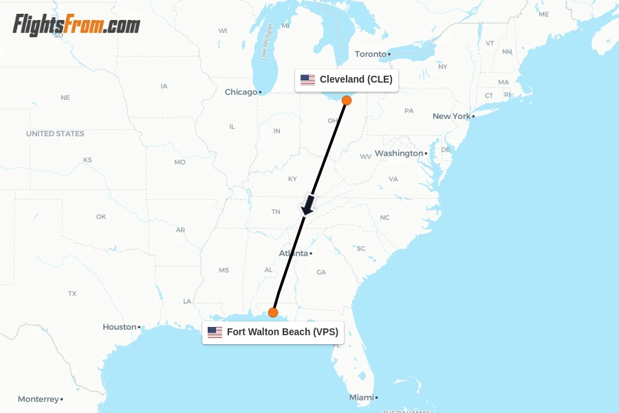 Flights from Cleveland to Fort Walton Beach route map