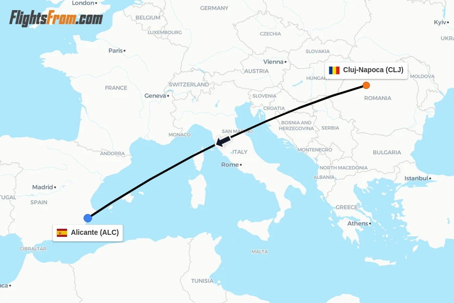 Flights from Cluj-Napoca to Alicante route map