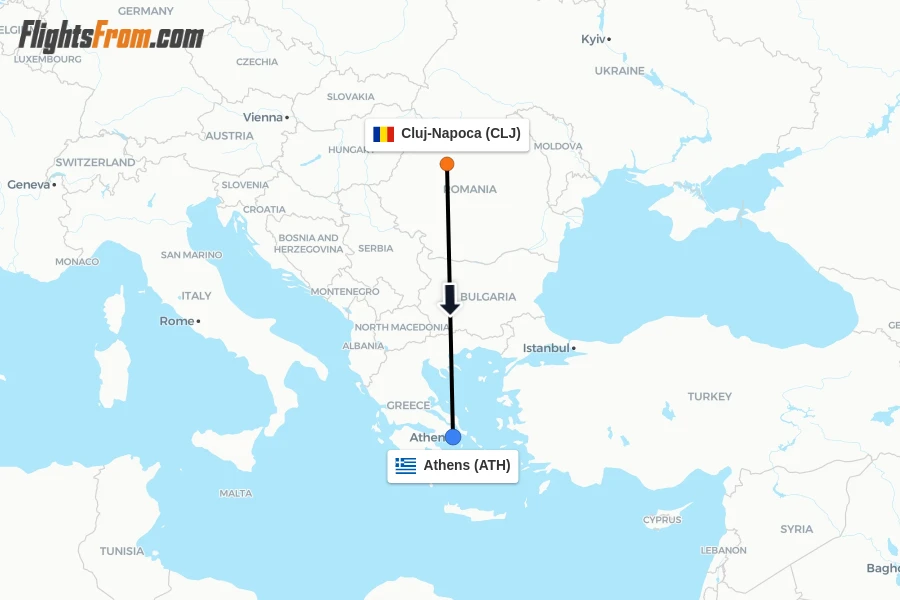 Flights from Cluj-Napoca to Athens route map