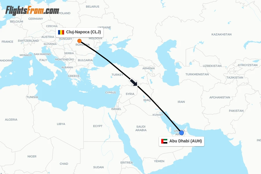 Flights from Cluj-Napoca to Abu Dhabi route map