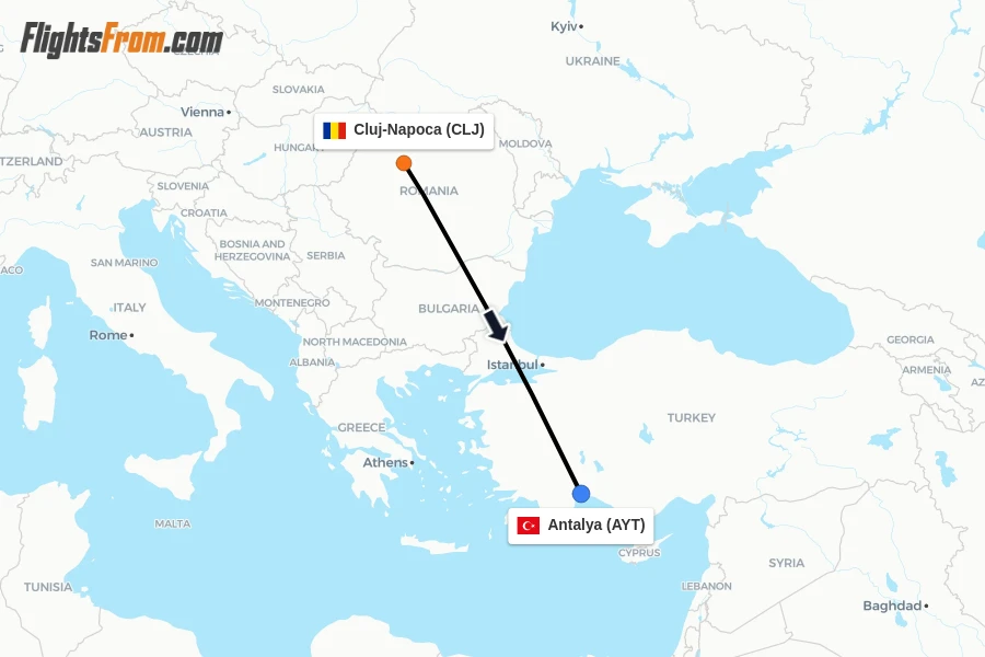 Flights from Cluj-Napoca to Antalya route map