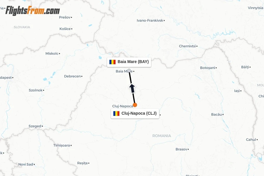 Flights from Cluj-Napoca to Baia Mare route map