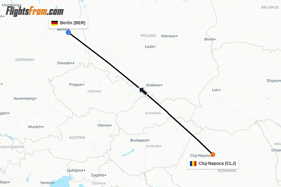 Flights from Cluj-Napoca to Berlin route map