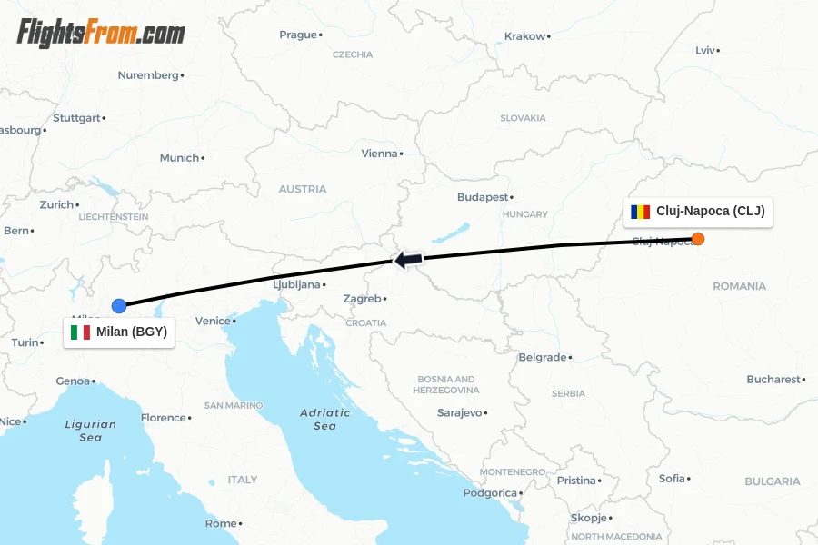 Flights from Cluj-Napoca to Milan route map