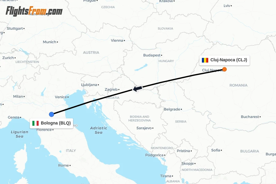 Flights from Cluj-Napoca to Bologna route map