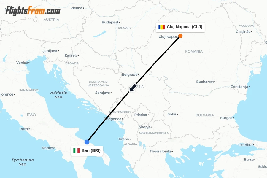 Flights from Cluj-Napoca to Bari route map