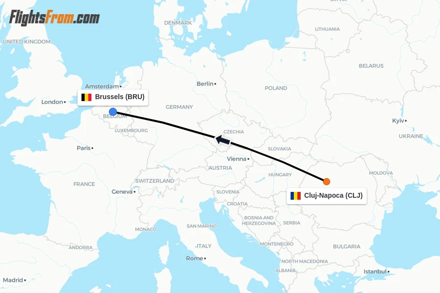Flights from Cluj-Napoca to Brussels route map
