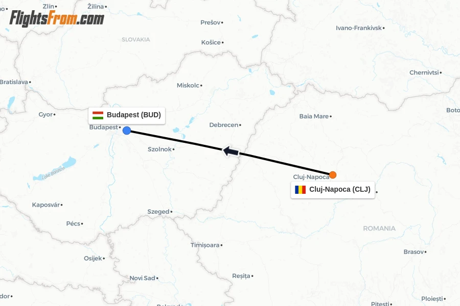 Flights from Cluj-Napoca to Budapest route map