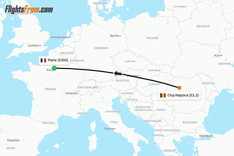 Flights from Cluj-Napoca to Paris route map