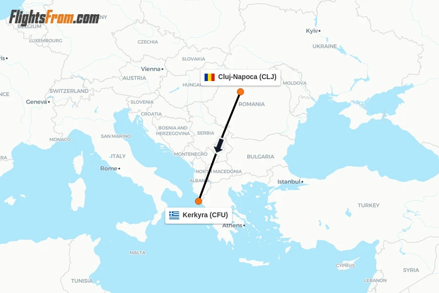 Flights from Cluj-Napoca to Kerkyra route map