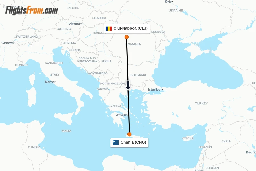 Flights from Cluj-Napoca to Chania route map