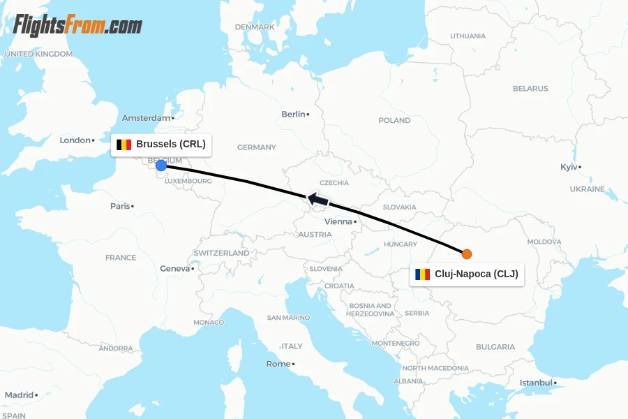 Flights from Cluj-Napoca to Brussels route map