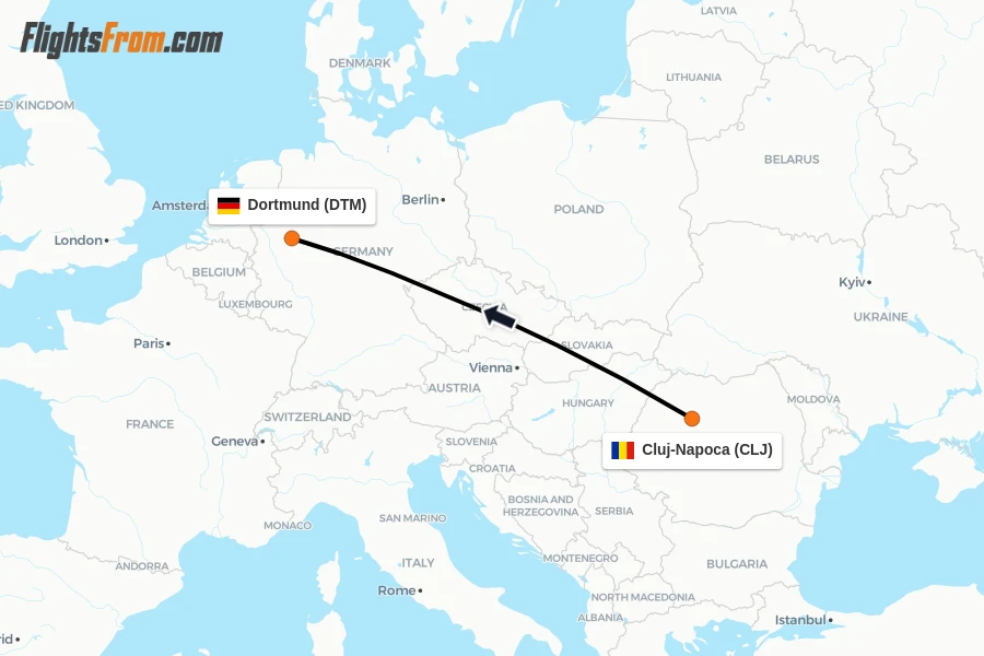 Flights from Cluj-Napoca to Dortmund route map