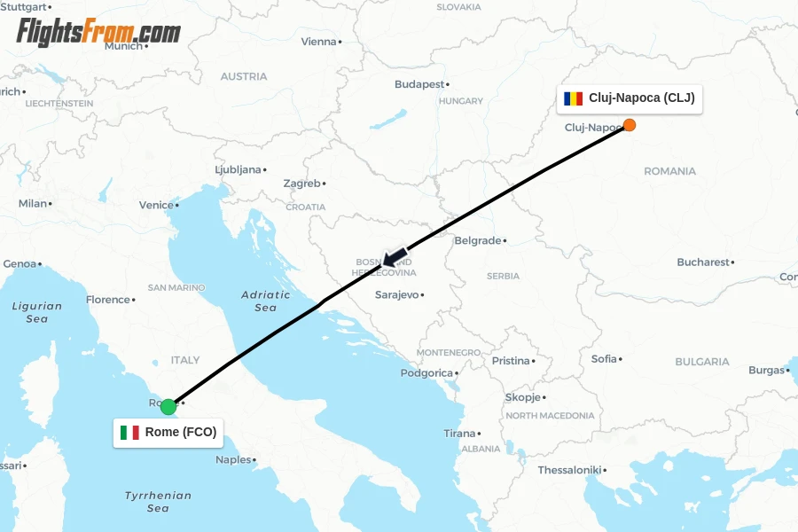 Flights from Cluj-Napoca to Rome route map