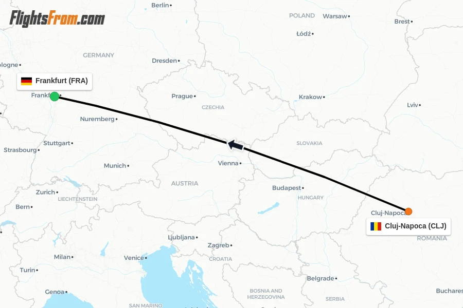 Flights from Cluj-Napoca to Frankfurt route map