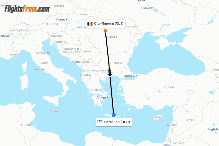 Flights from Cluj-Napoca to Heraklion route map
