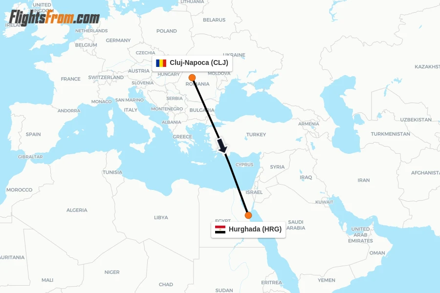 Flights from Cluj-Napoca to Hurghada route map