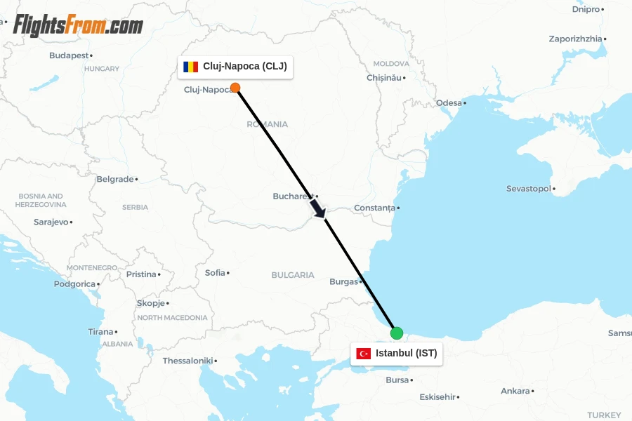 Flights from Cluj-Napoca to Istanbul route map
