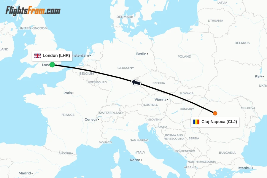 Flights from Cluj-Napoca to London route map