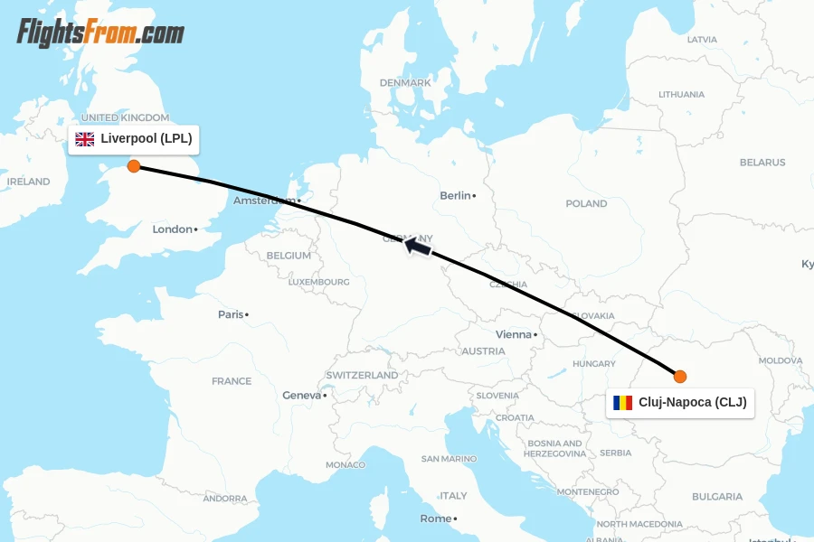 Flights from Cluj-Napoca to Liverpool route map
