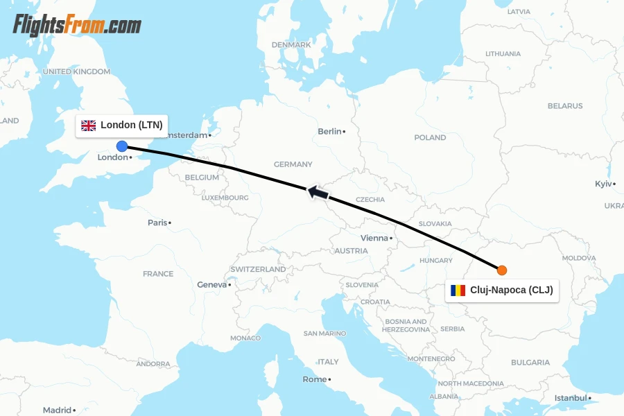 Flights from Cluj-Napoca to London route map