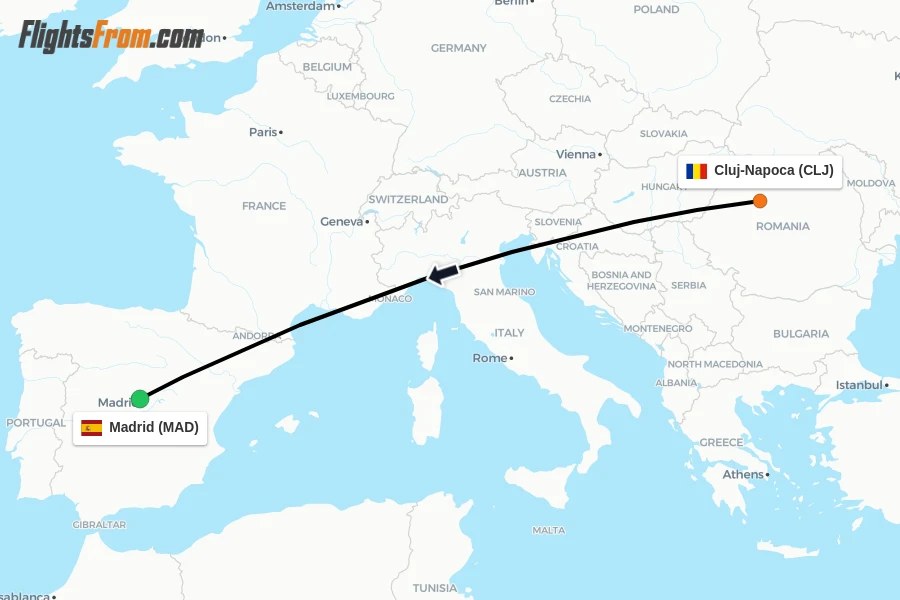 Flights from Cluj-Napoca to Madrid route map