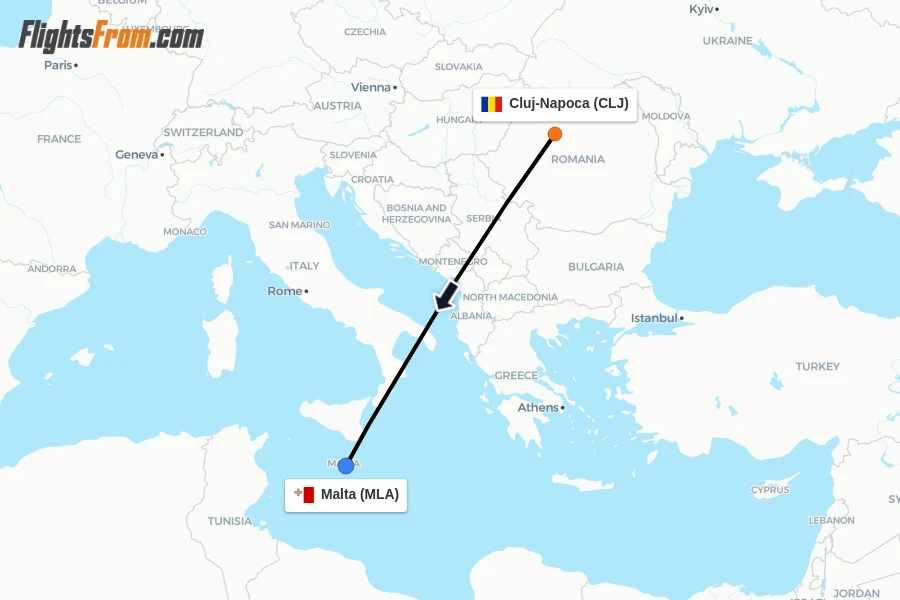 Flights from Cluj-Napoca to Malta route map