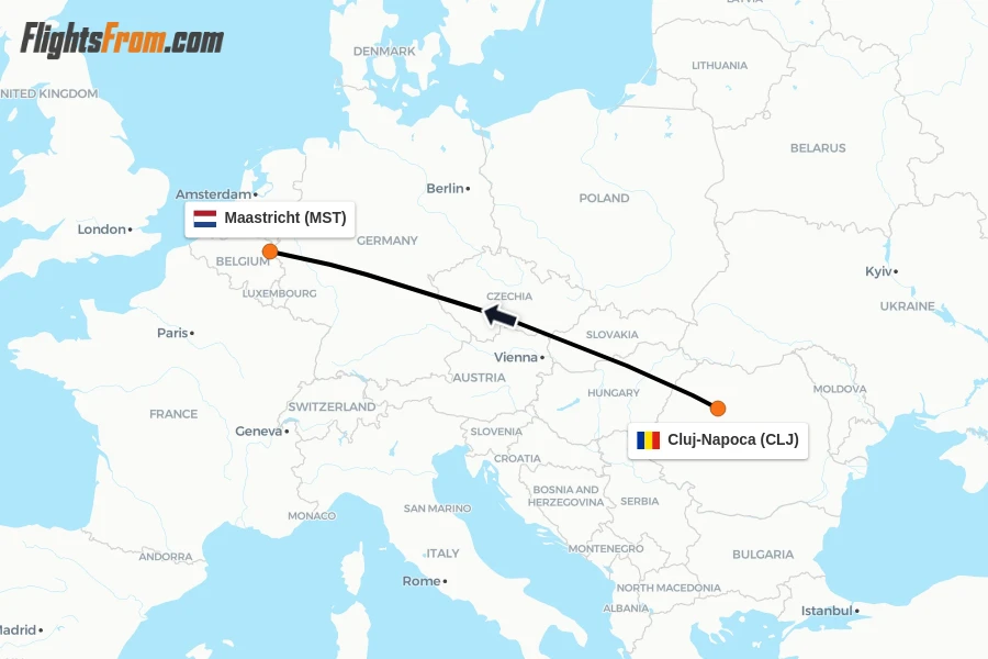 Flights from Cluj-Napoca to Maastricht route map
