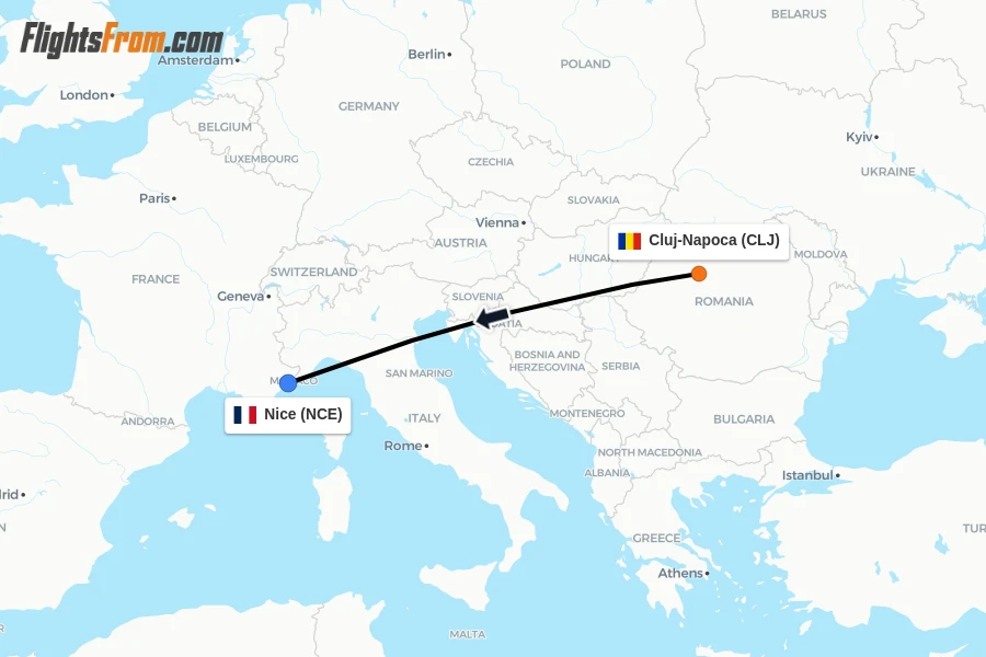 Flights from Cluj-Napoca to Nice route map