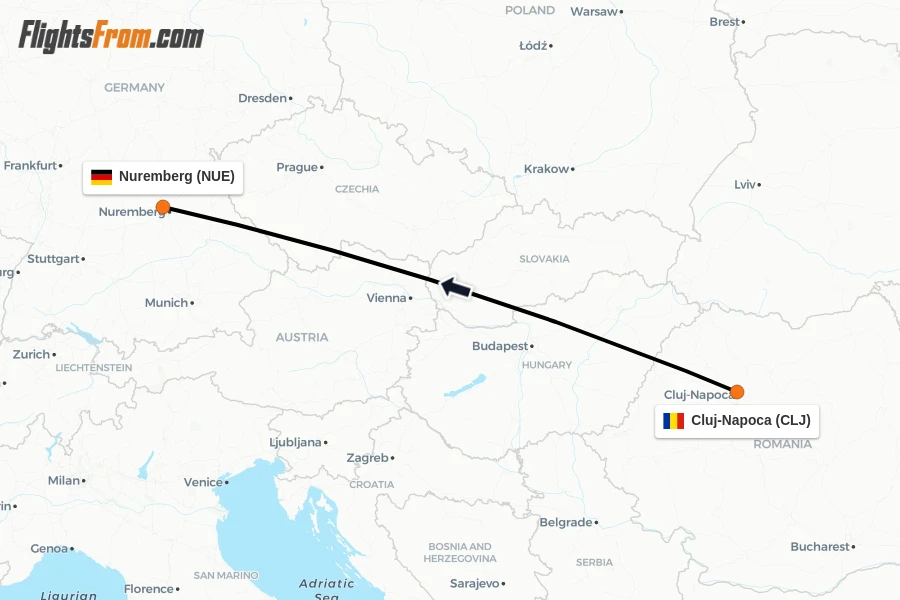 Flights from Cluj-Napoca to Nuremberg route map