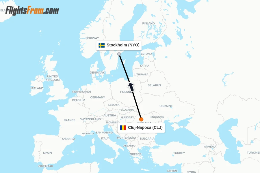 Flights from Cluj-Napoca to Stockholm route map