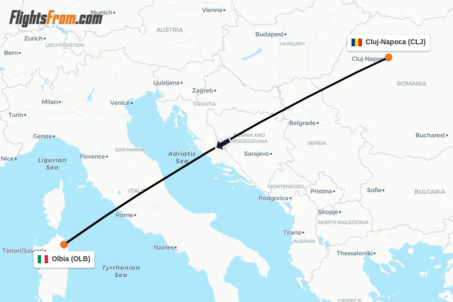 Flights from Cluj-Napoca to Olbia route map