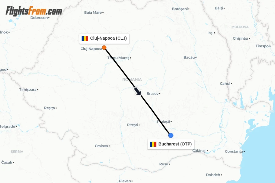 Flights from Cluj-Napoca to Bucharest route map