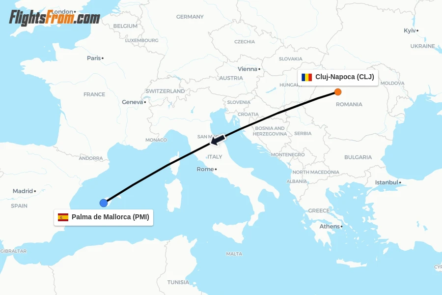 Flights from Cluj-Napoca to Palma de Mallorca route map