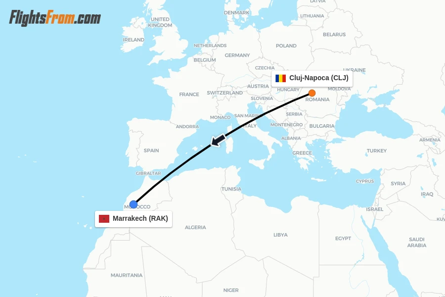 Flights from Cluj-Napoca to Marrakech route map
