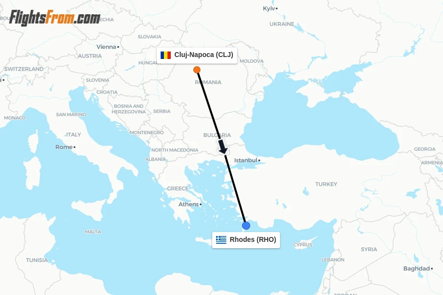 Flights from Cluj-Napoca to Rhodes route map