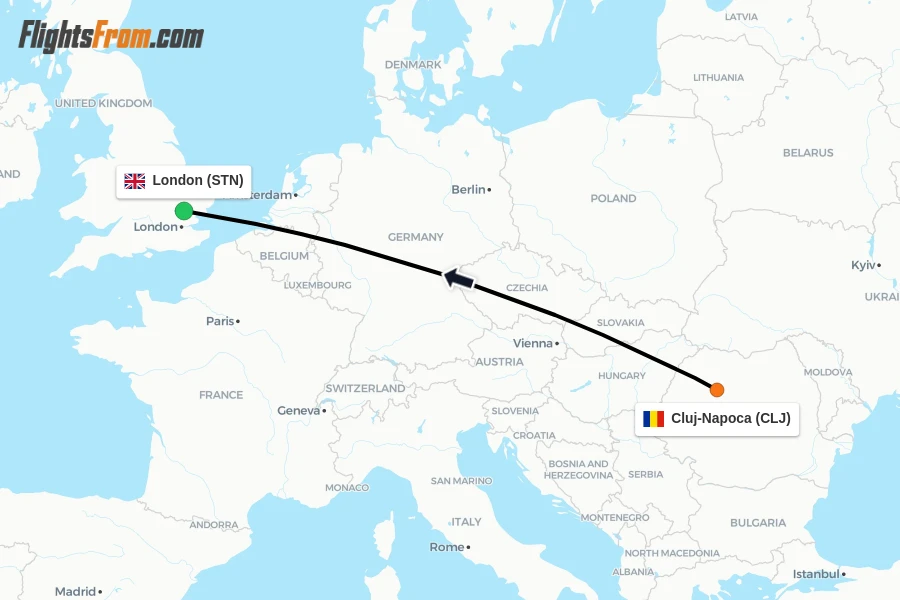 Flights from Cluj-Napoca to London route map