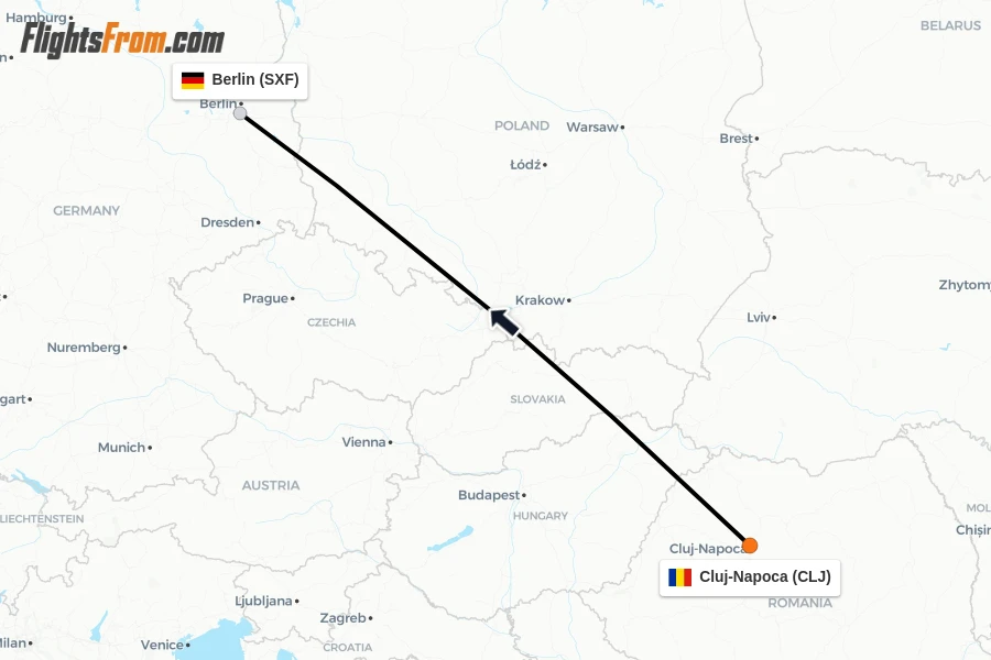 Flights from Cluj-Napoca to Berlin route map