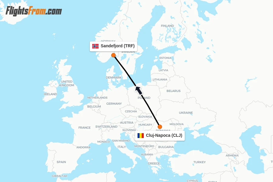 Flights from Cluj-Napoca to Sandefjord route map