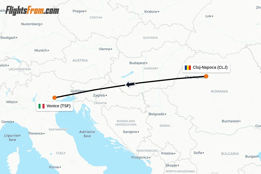 Flights from Cluj-Napoca to Venice route map