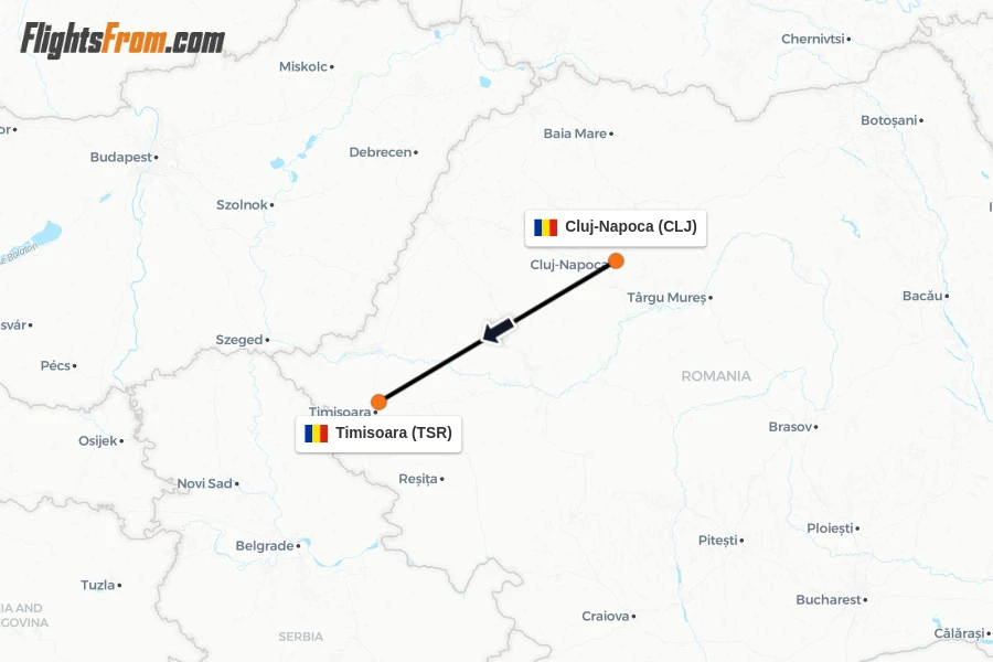 Flights from Cluj-Napoca to Timisoara route map