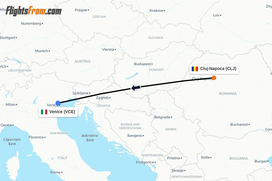 Flights from Cluj-Napoca to Venice route map