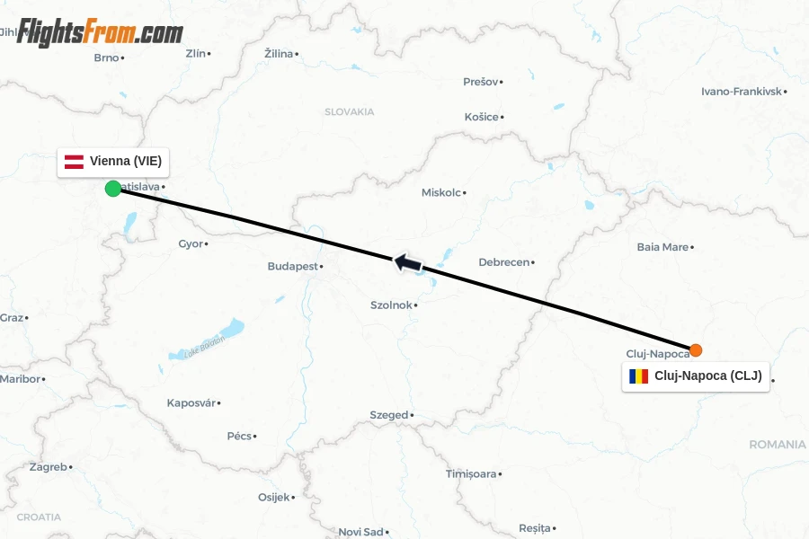 Flights from Cluj-Napoca to Vienna route map