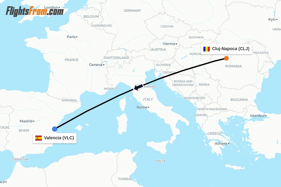 Flights from Cluj-Napoca to Valencia route map
