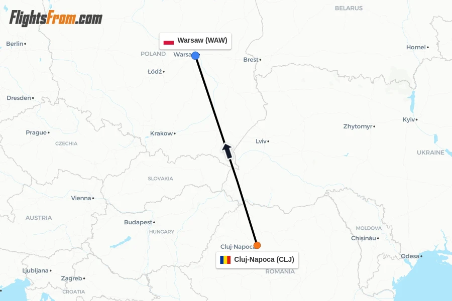 Flights from Cluj-Napoca to Warsaw route map