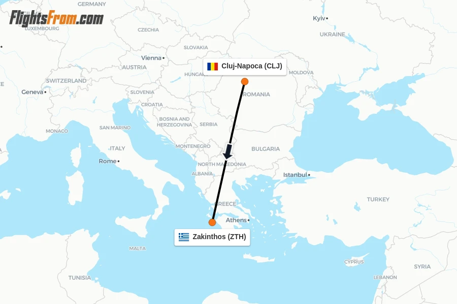 Flights from Cluj-Napoca to Zakinthos route map