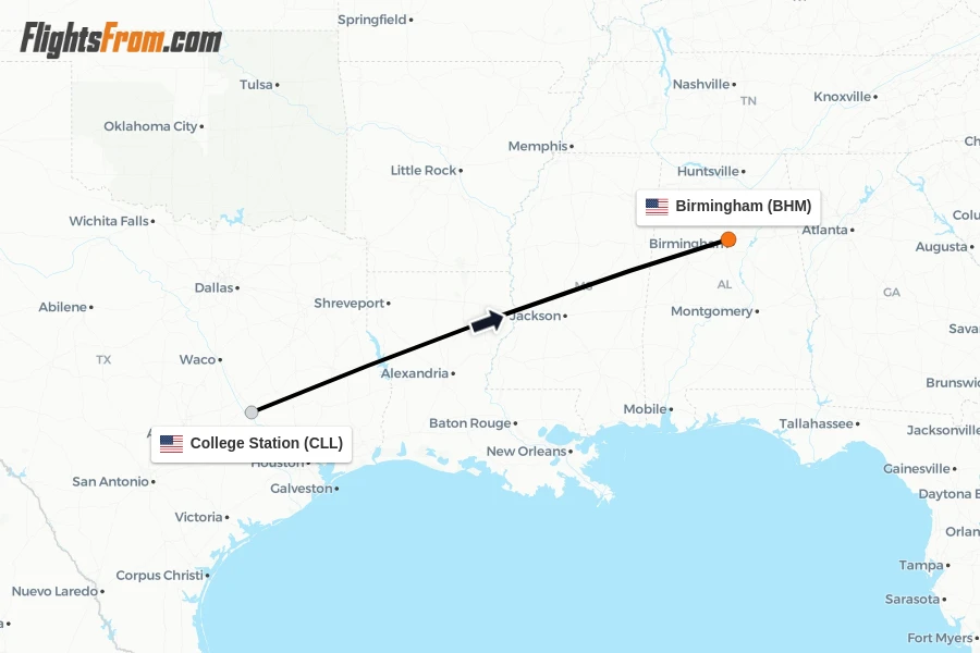 Flights from College Station to Birmingham route map
